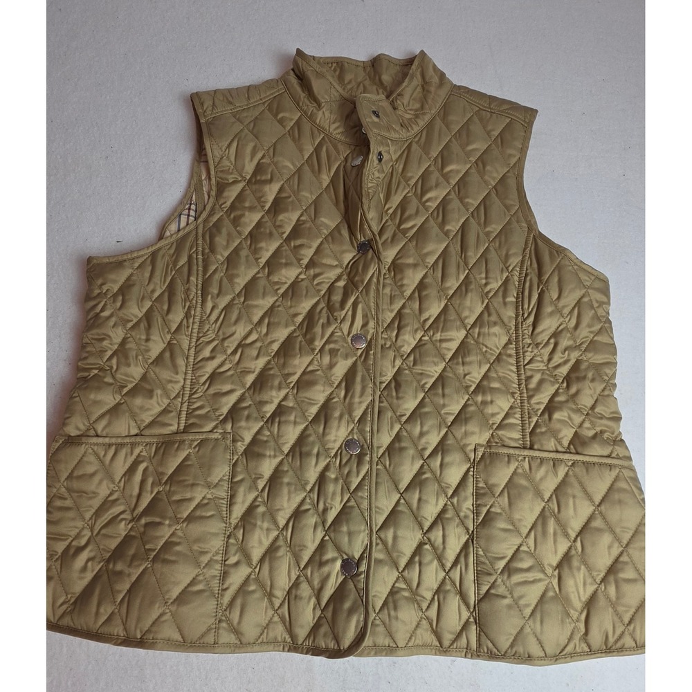 LL Bean Womens XL Pet Quilted Vest Tan Khaki Plaid Lined Preppy Equestrian 0GCX9